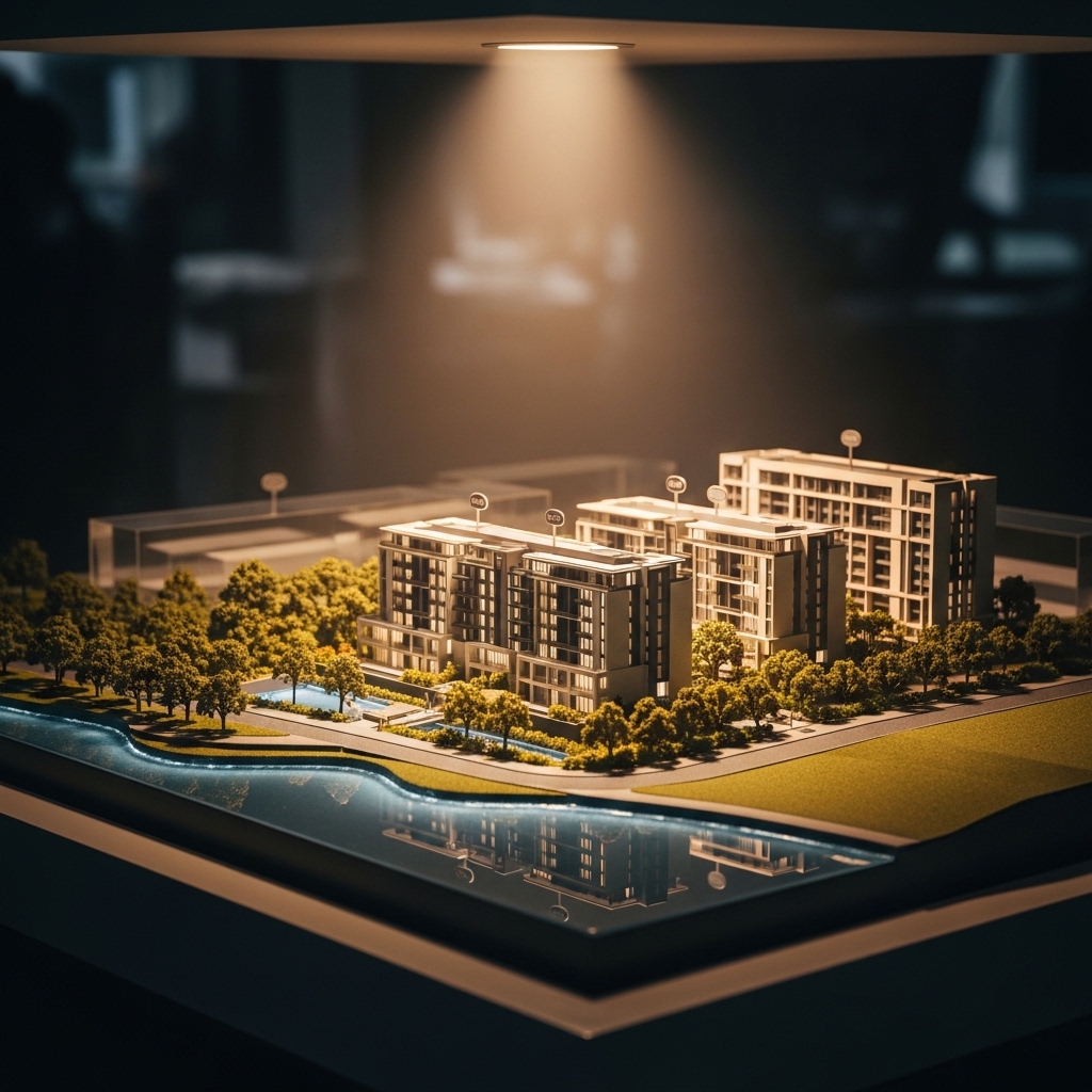 Architectural model under spotlight