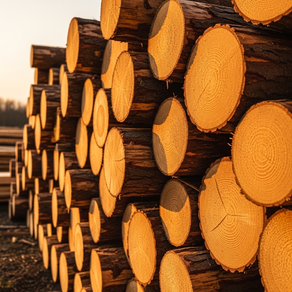 Timber logs stacked with golden grain