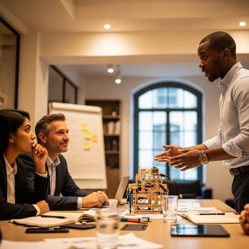 Engineer presenting building model