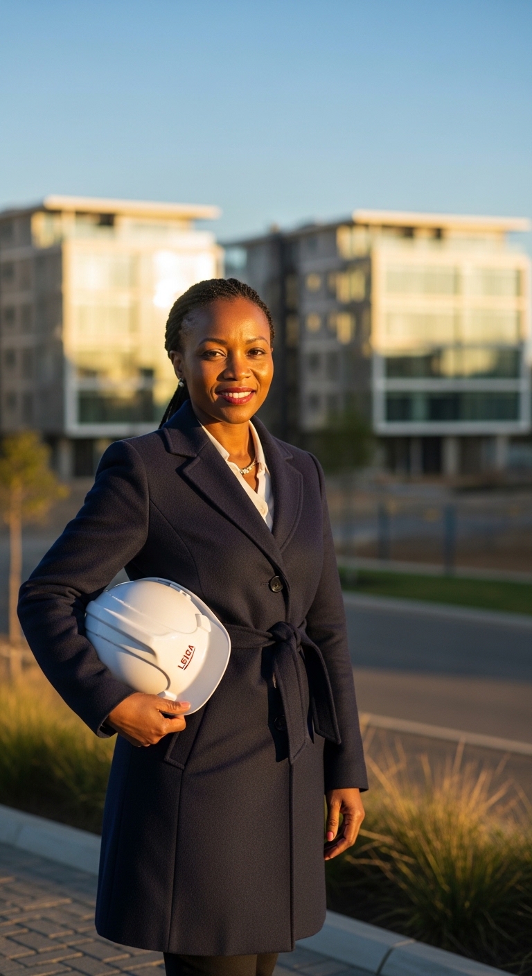 Woman CEO with hardhat at construction site
